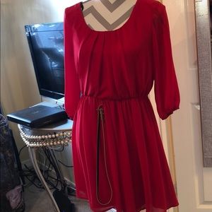 Red long sleeve chiffon dress with gold belt